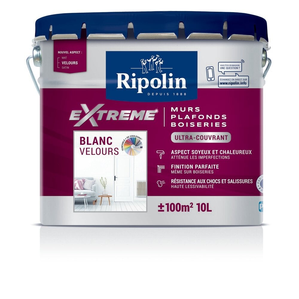 Peinture RIPOLIN Extrême Murs Plafonds Boiseries Blanc Velours 10L