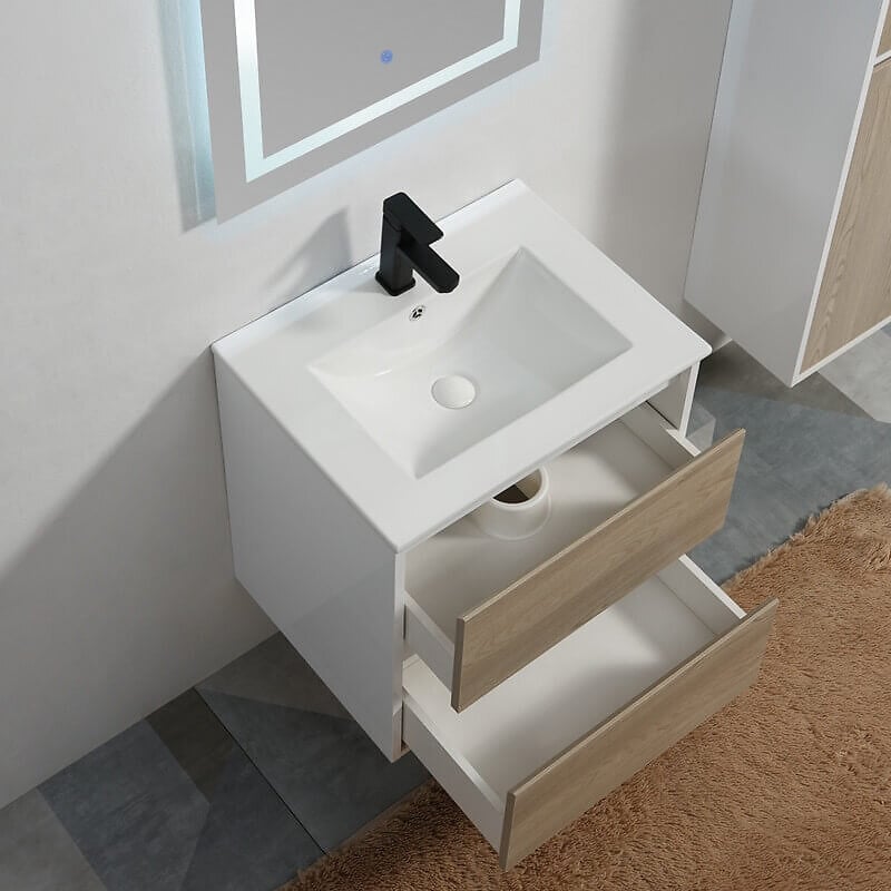 Meuble de salle de bain 2 Tiroirs Blanc et Chêne Gris Vasque