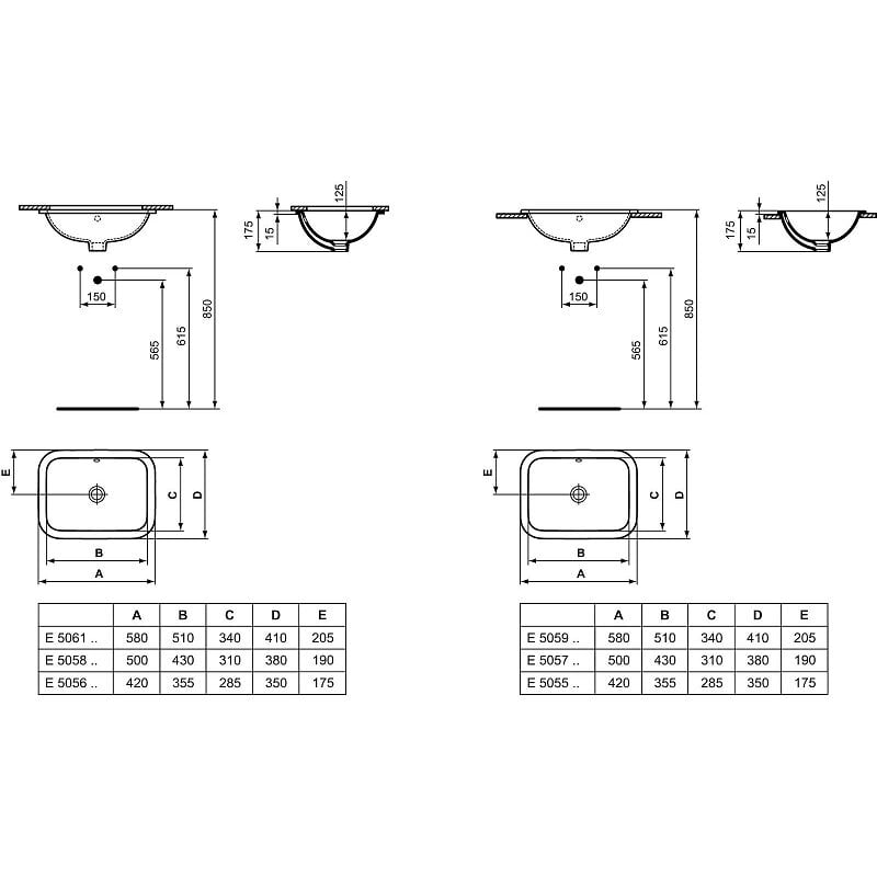 Ideal Standard CONNECT Lavabo à encastrer sans trou rectangulaire 580