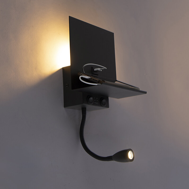 Applique murale moderne noire 2 lumières avec USB et bras flexible