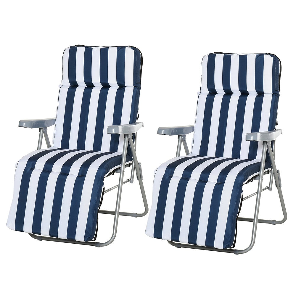 lot de 2 chaise longue bain de soleil adjustable pliable transat lit de jardin en acier bleu + blanc