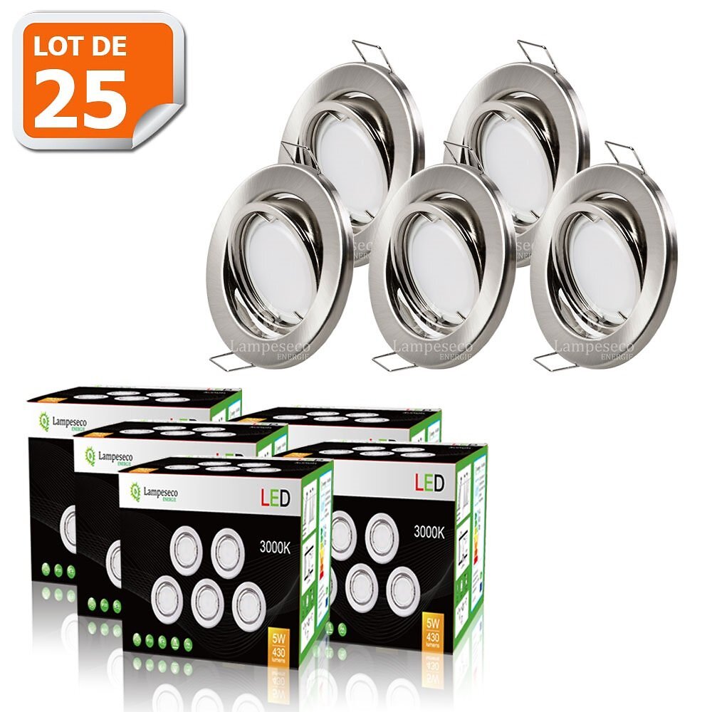 LAMPESECOENERGIE - LOT DE 25 SPOT LED ENCASTRABLE COMPLETE ORIENTABLE ALU BROSSE AVEC AMPOULE GU10 230V eq. 50W, BLANC CHAUD - large