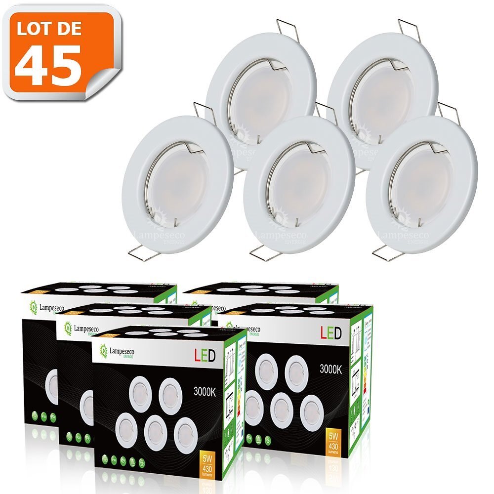 LAMPESECOENERGIE - LOT DE 45 SPOT LED COMPLETE RONDE FIXE eq. 50W BLANC CHAUD - large
