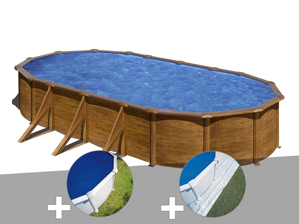 GRE - Kit piscine acier aspect bois Gré Pacific ovale 7,44 x 3,99 x 1,22 m + Bâche à bulles + Tapis de sol - large