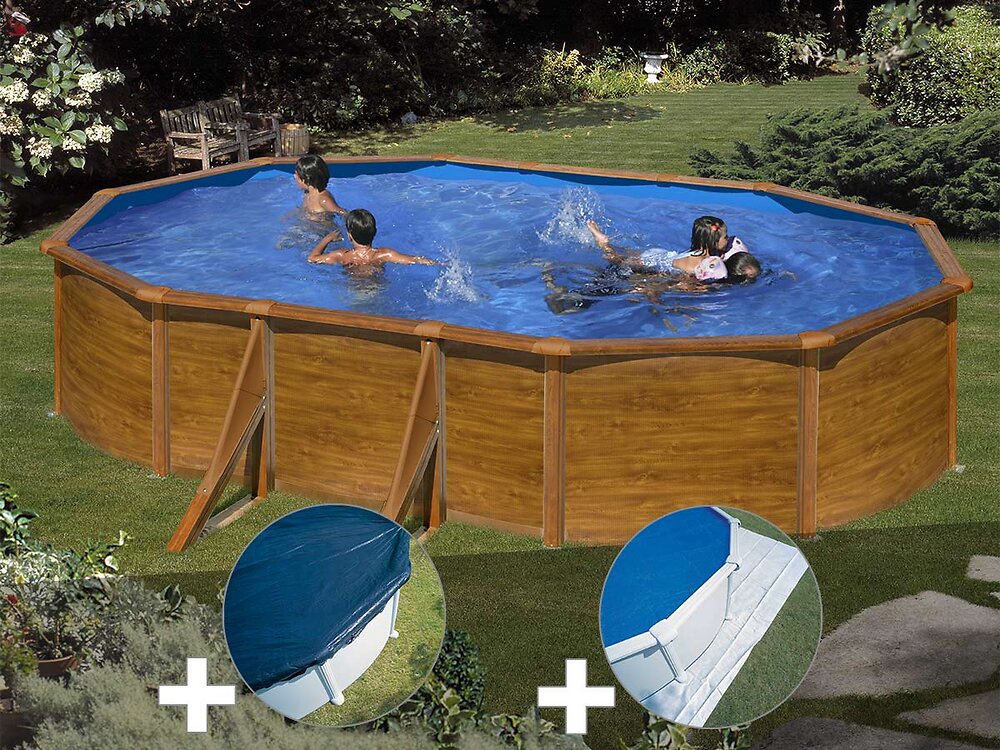 GRE - Kit piscine acier aspect bois Gré Sicilia ovale 5,27 x 3,27 x 1,22 m + Bâche hiver + Tapis de sol - large