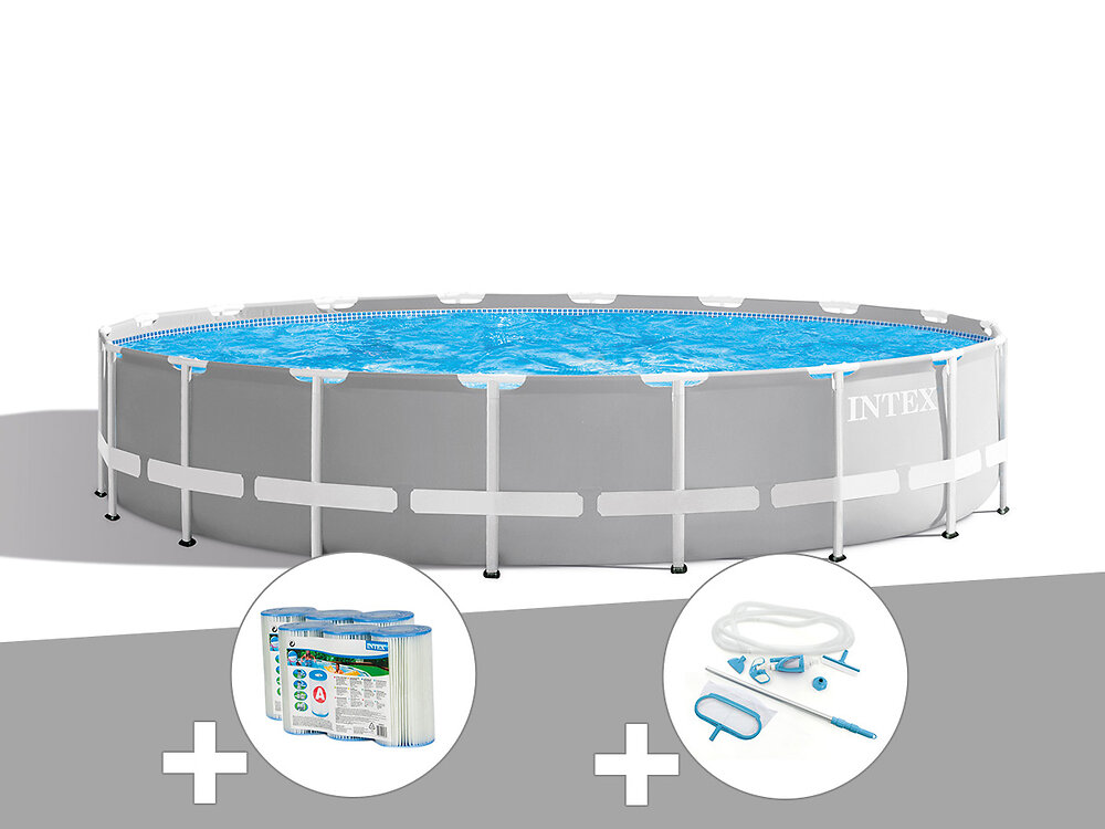 INTEX - Kit piscine tubulaire Intex Prism Frame ronde 6,10 x 1,32 m + 6 cartouches de filtration + Kit d'entretien - large