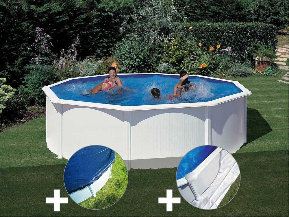 GRE - Kit piscine acier blanc Gré Fidji ronde 4,80 x 1,22 m + Bâche hiver + Tapis de sol - large
