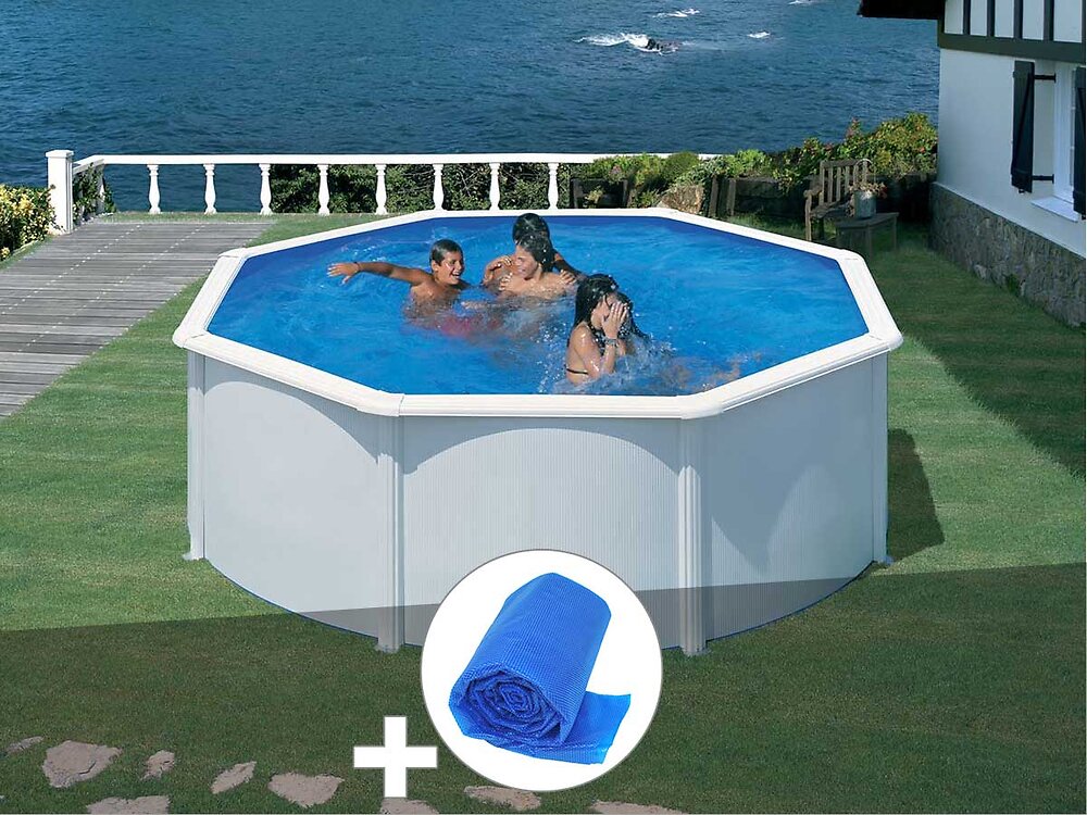 GRE - Kit piscine acier blanc Gré Fidji ronde 3,70 x 1,22 m + Bâche à bulles - large