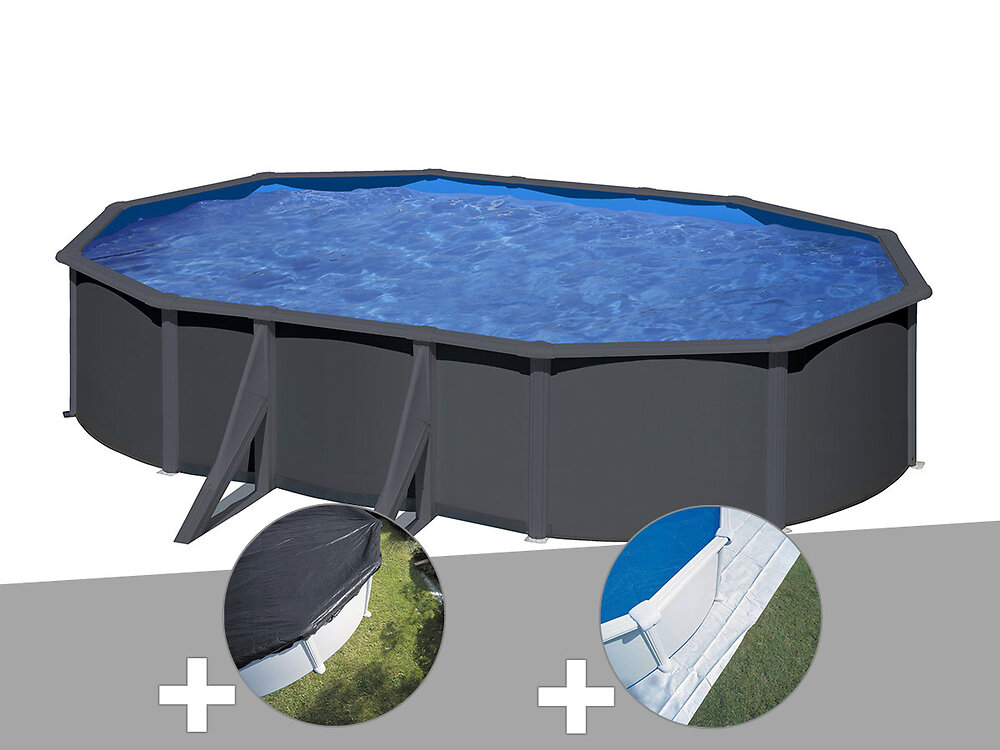 GRE - Kit piscine acier gris anthracite Gré Louko ovale 5,27 x 3,27 x 1,22 m + Bâche d'hivernage + Tapis de sol - large
