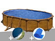 GRE - Kit piscine acier aspect bois Gré Mauritius ovale 6,34 x 3,99 x 1,32 m + Bâche hiver + Bâche à bulles - vignette