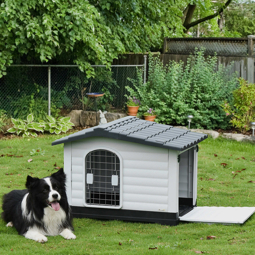 PAWHUT - Niche chien style cottage dim. 91L x 69l x 66H cm petite porte grillagée + grande porte latérale verrouillable PP blanc gris noir - large