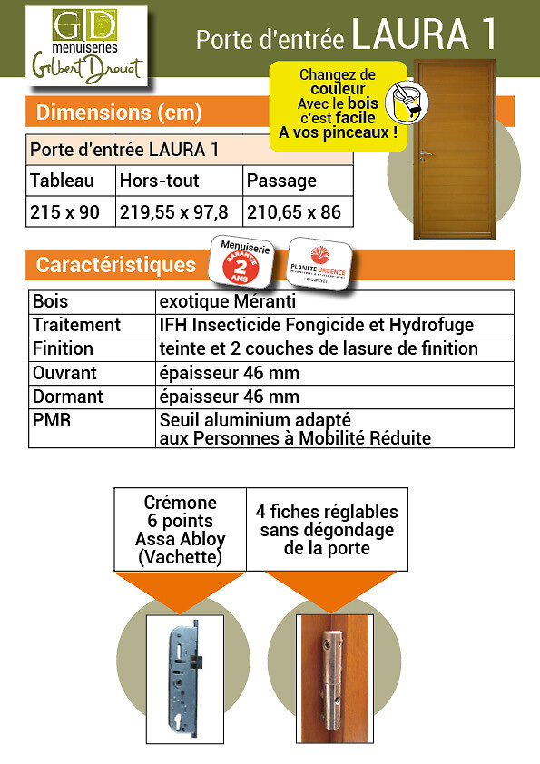 GD MENUISERIES - Porte D Entree Modele 'Laura 1' 215X90 Poussant Gauche (Cotes Tableau) Vendue Avec Poignee Et Barillet - large
