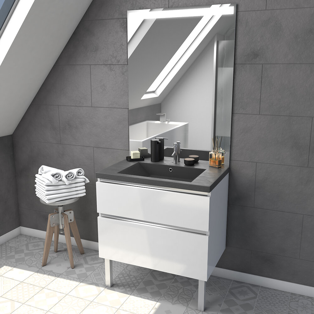 AURLANE - Meuble salle de bain 80 cm blanc - avec tiroirs - vasque et miroir - MERELY STONE 80 - large
