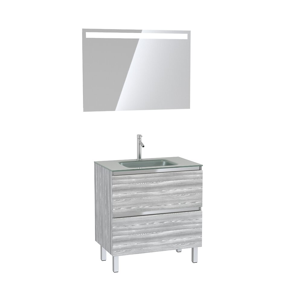 AURLANE - Pack Meuble de salle de bain 80x50 cm Chêne gris-blanc + vasque Argent + miroir LED 80x60 - large