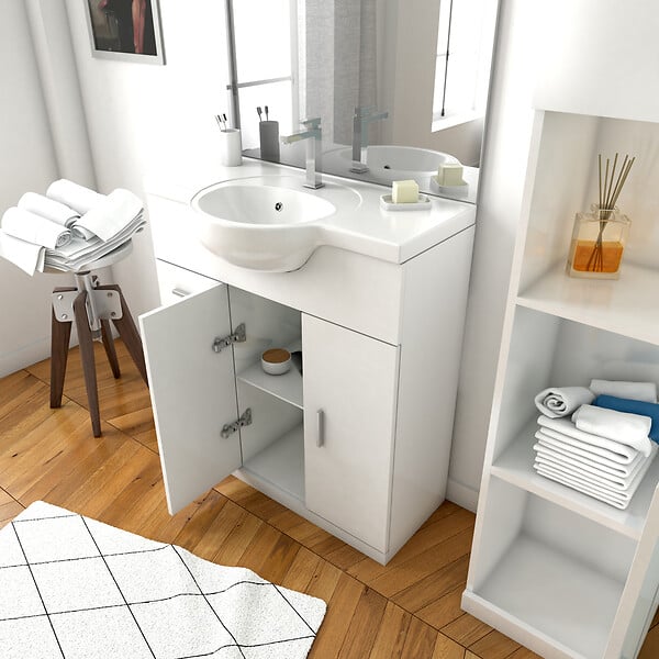 Ensemble meubles de salle de bain : meuble de vasque encastrable, miroir  LED, placard