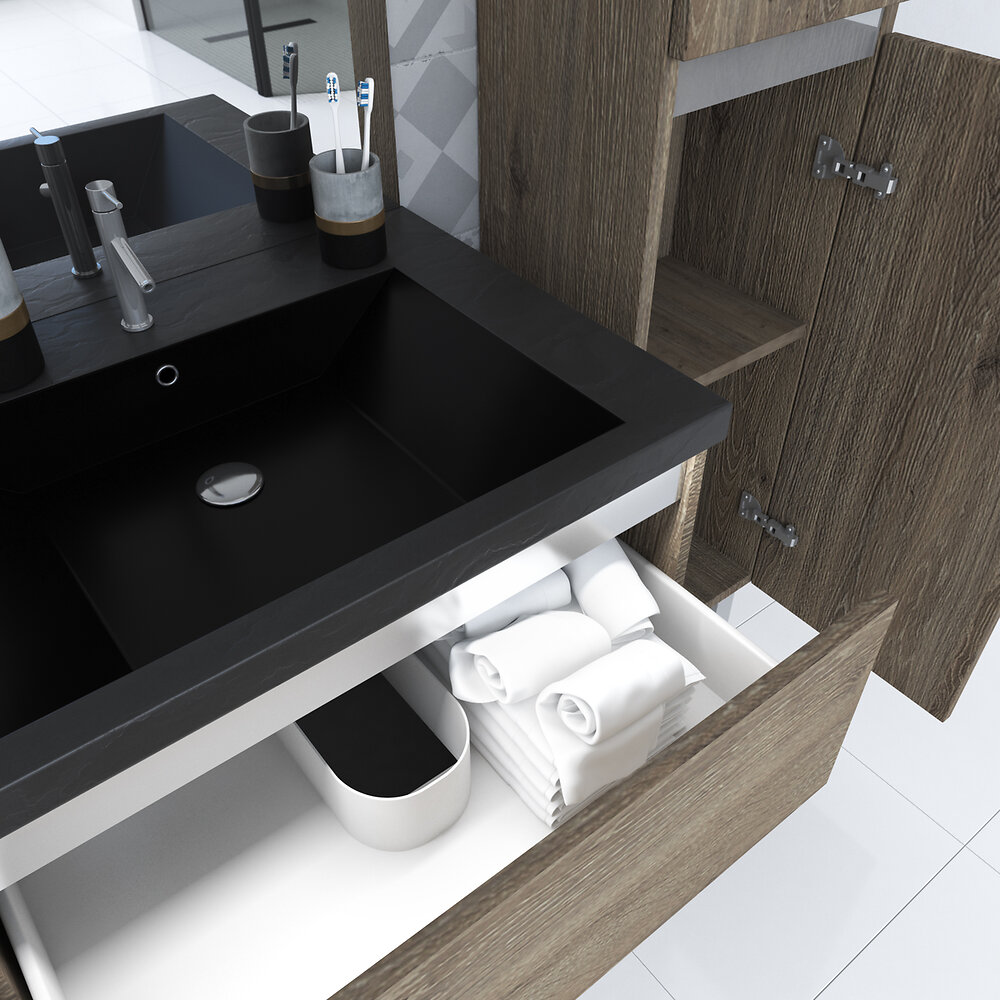 AURLANE - Pack Meuble de salle de bain 130x50 cm - Double vasque effet pierre noir + miroir LED + colonne - large