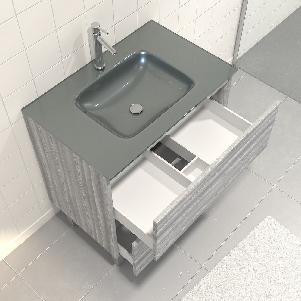AURLANE - Pack Meuble de salle de bain 80x50 cm Chêne gris-blanc + vasque Argent + miroir LED 70x90 - large