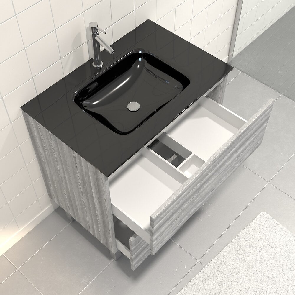 AURLANE - Pack Meuble de salle de bain 80x50 cm Chêne gris-blanc - 2 tiroirs - vasque en verre noir - large