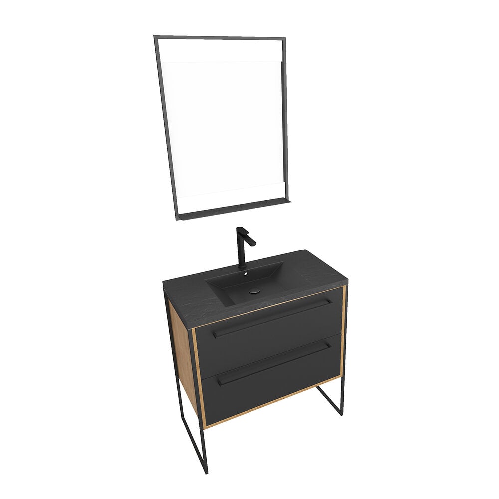 AURLANE - Meuble de salle de bain 80x50cm chene brun - 2 tiroirs - vasque resine noire effet pierre - miroir - large