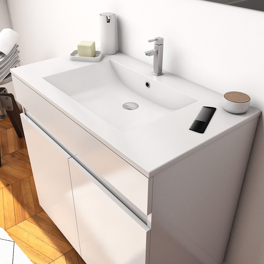 AURLANE - Ensemble Meuble de salle de bain blanc 80 cm sur pied + vasque ceramique blanche + miroir led - large