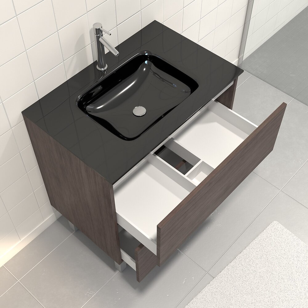 AURLANE - Pack Meuble de salle de bain 80x50 cm Graphite + vasque verre noir + miroir LED 80x60 - large