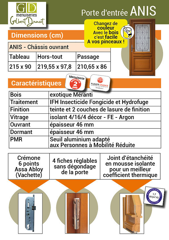 GD MENUISERIES - Porte D'Entree  Modele Anis Dimension 215 X 90 Poussant Gauche (Cotes Tableau) - large