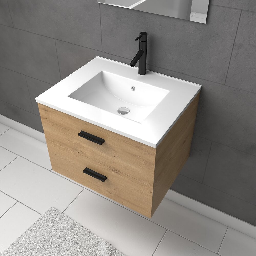 AURLANE - Meuble salle de bain 60 cm monte suspendu decor bois H46xL60xP45cm - avec tiroirs - vasque et miroir - large