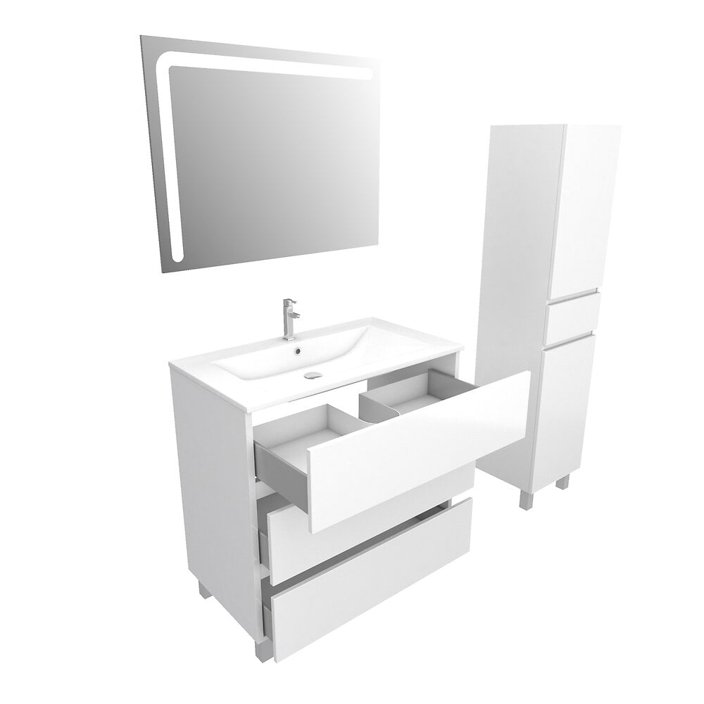 Ensemble Meuble De Salle De Bain Blanc 80 Cm Sur Pied 3 Tiroirs