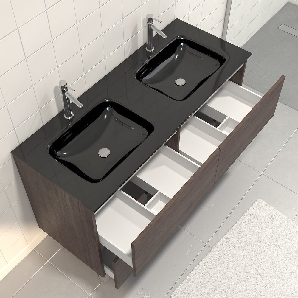AURLANE - Pack meuble de salle de bain 130x50 cm finition Graphite + vasque Noir + Miroir LED 120x70 - large