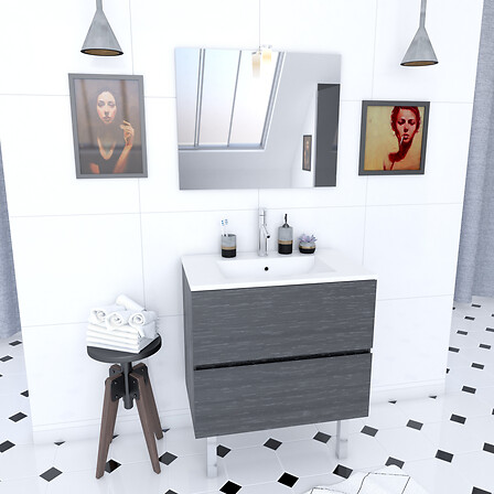 AURLANE - Ensemble meuble de salle de bain 75x50cm decors chene gris - porte basculante - vasque blanche - vignette
