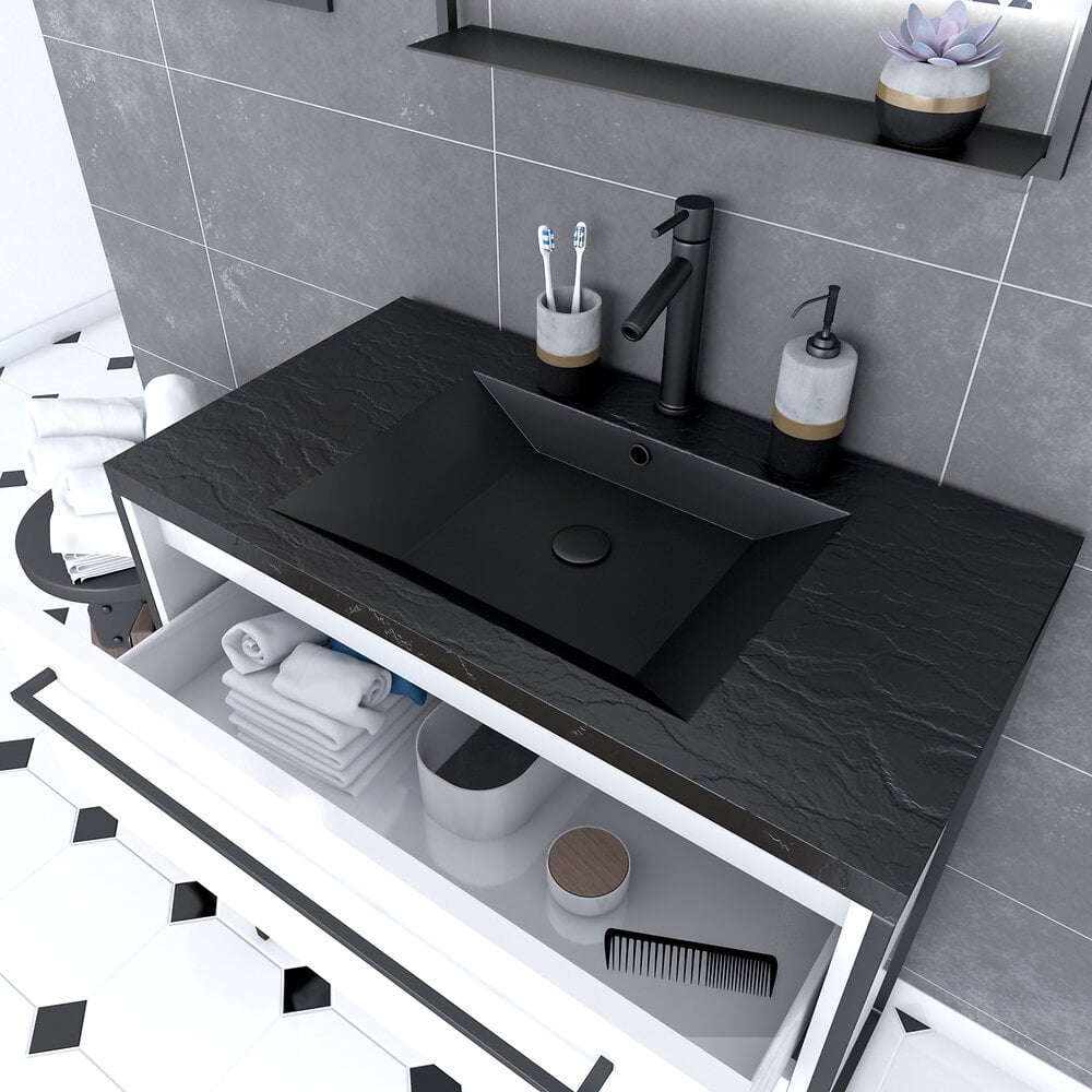 AURLANE - Meuble de salle de bain 80x50cm Blanc - 2 tiroirs blanc - vasque resine noire effet pierre - large