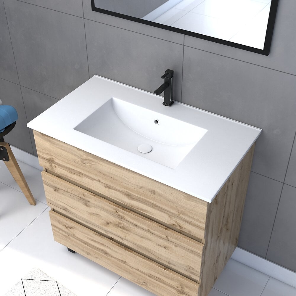 AURLANE - Meuble salle de bain 80x60 - Finition chene naturel + vasque blanche + miroir - TIMBER 80 - Pack 45 - large