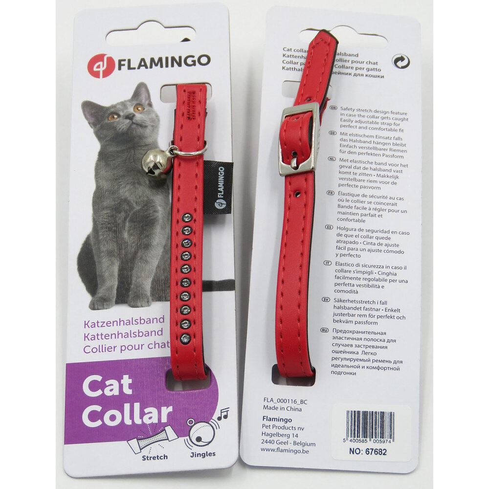 FLAMINGO - Collier taille 30 cm x 11 mm couleur rouge avec strass et clochette pour chat - large