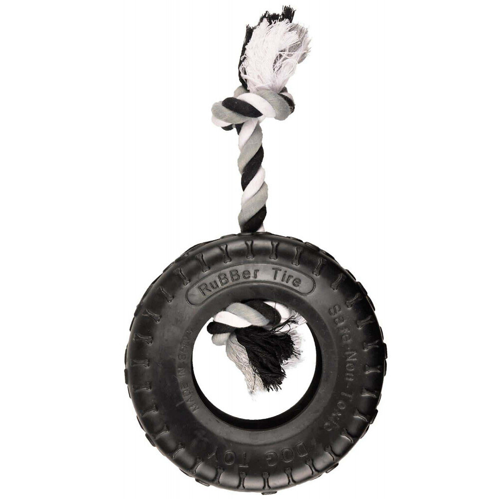 FLAMINGO PET PRODUCT - jouet caoutchouc gladiator pneu et corde 20 cm noir pour chien - large