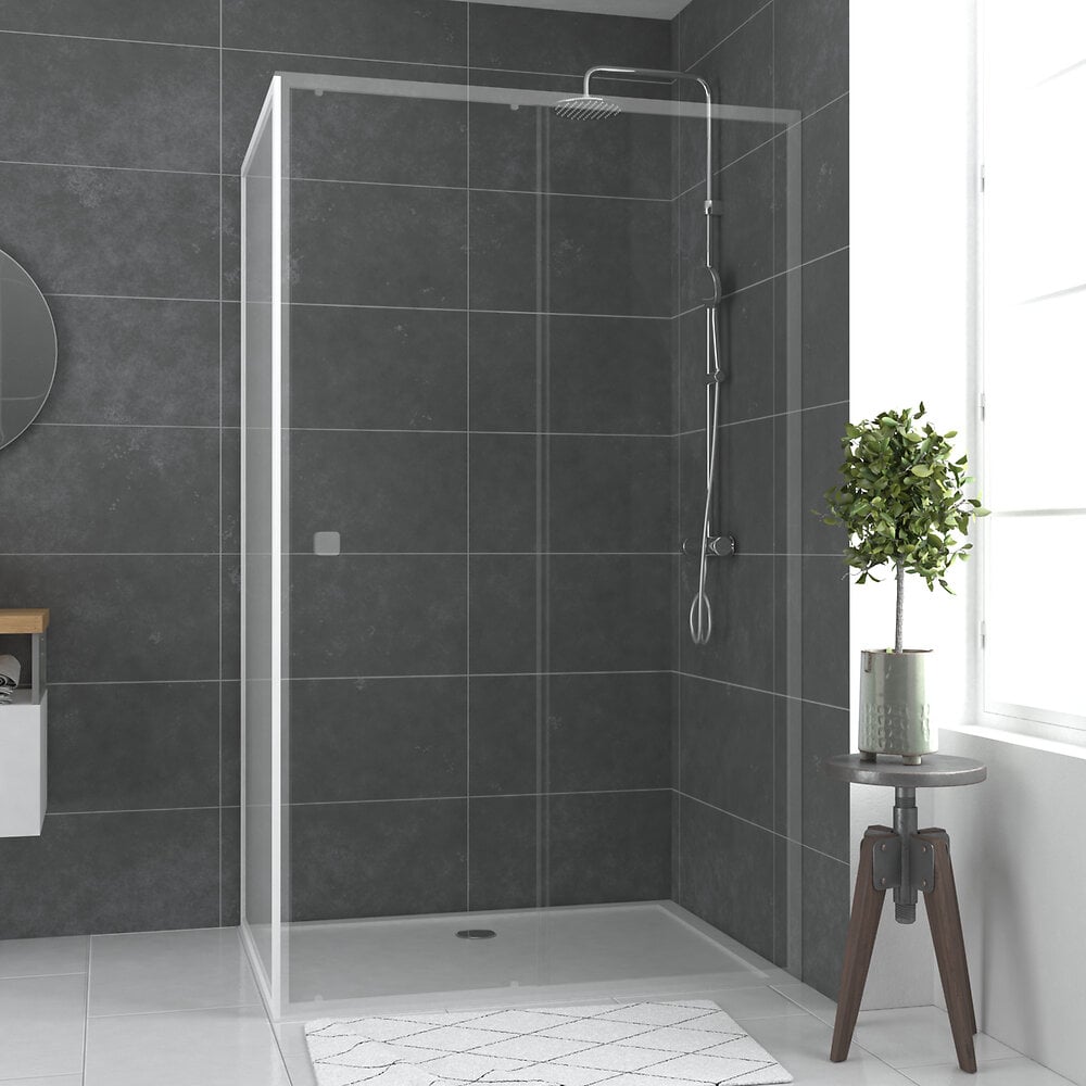 AURLANE - Paroi porte de douche blanc RETOUR 80x185cm pour porte - verre transparent 5mm - WHITY SIDE 80 - large