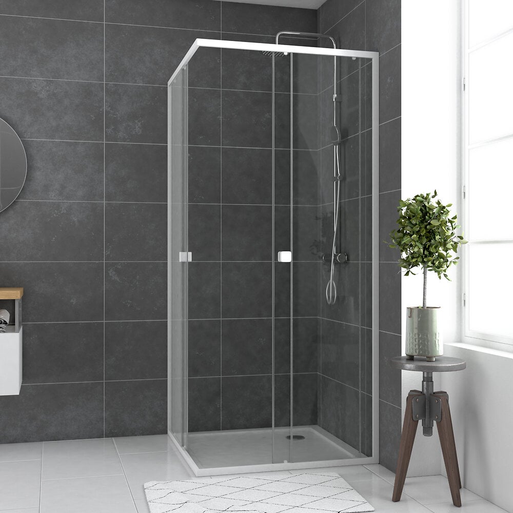 AURLANE - Paroi porte de douche carrée blanc extensible 77 à 90cm de largeur - verre transparent - WHITY - large