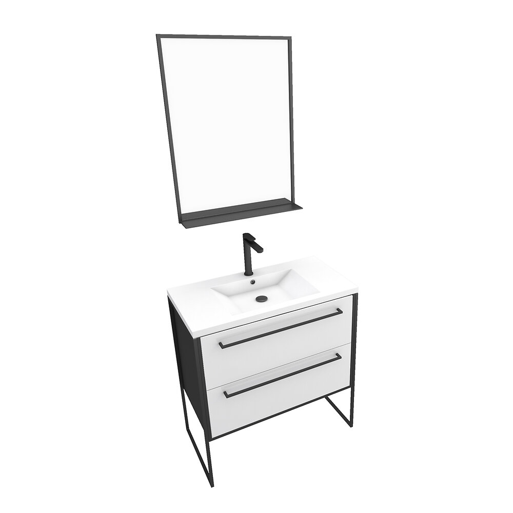 AURLANE - Pack meuble de salle de bain 80x50 cm - 2 tiroirs blanc - vasque blanche + miroir noir mat - large