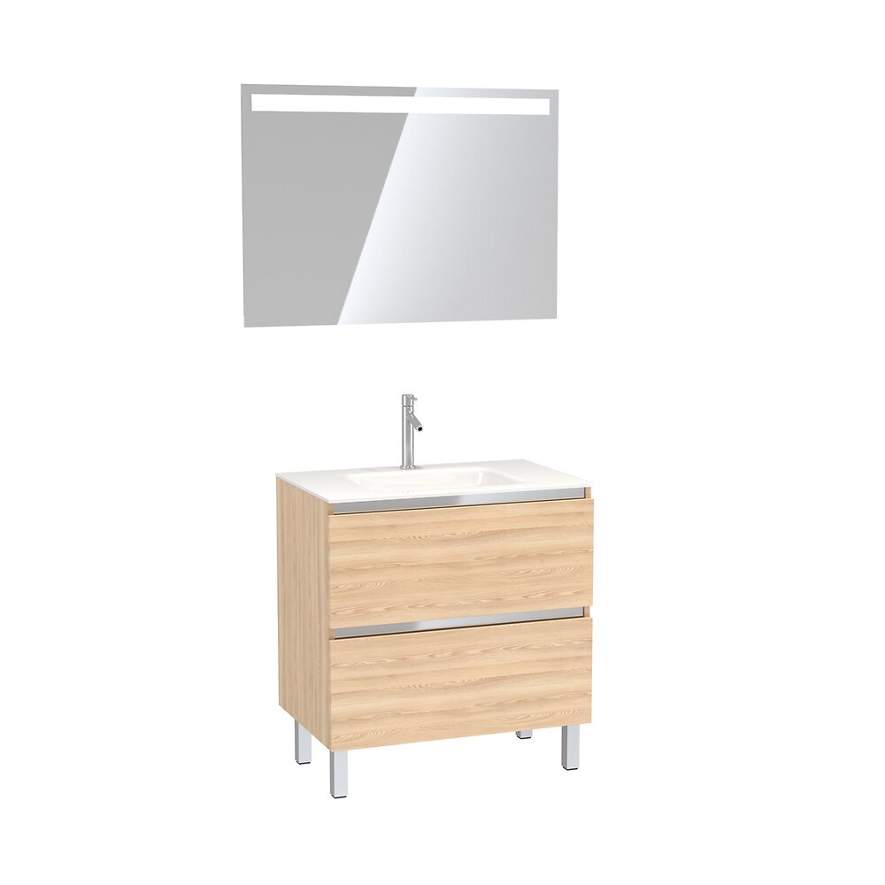 AURLANE - Pack Meuble de salle de bain 80x50 cm Chêne blond + vasque verre blanc + miroir LED 80x60 - large