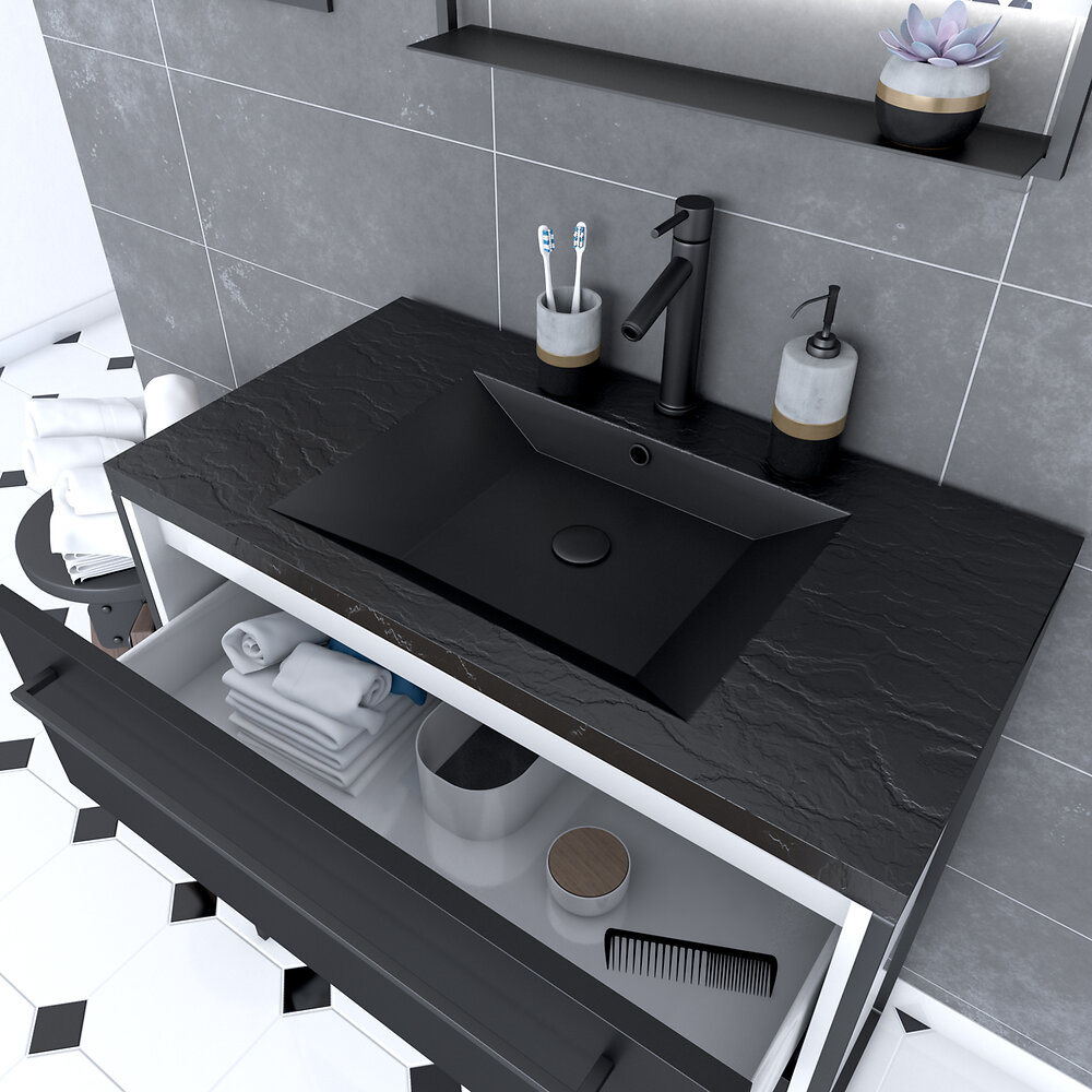 AURLANE - Meuble de salle de bain 80x50cm Blanc - 2 tiroirs - vasque resine noire effet pierre - miroir LED - large
