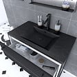 AURLANE - Meuble de salle de bain 80x50cm Blanc - 2 tiroirs - vasque resine noire effet pierre - miroir LED - vignette