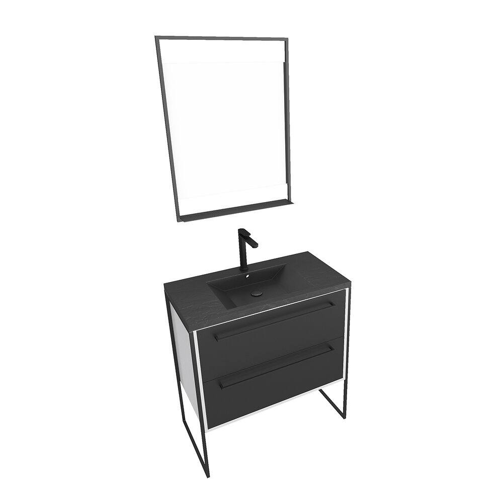 AURLANE - Meuble de salle de bain 80x50cm Blanc - 2 tiroirs - vasque resine noire effet pierre - miroir LED - large