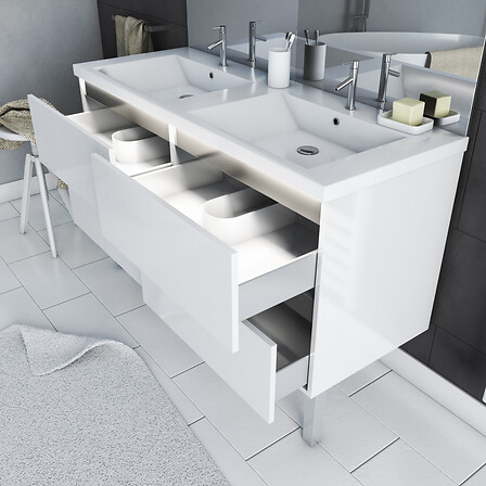 AURLANE - Meuble salle de bain 130 cm blanc - avec tiroirs - double vasque et miroir - MERELY WHITE 130 - vignette