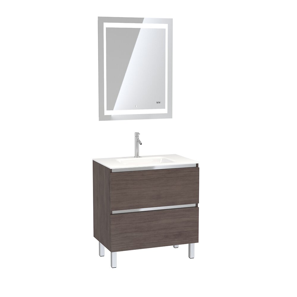 AURLANE - Pack Meuble de salle de bain 80x50 cm Graphite + vasque verre blanc + miroir LED 70x90 - large