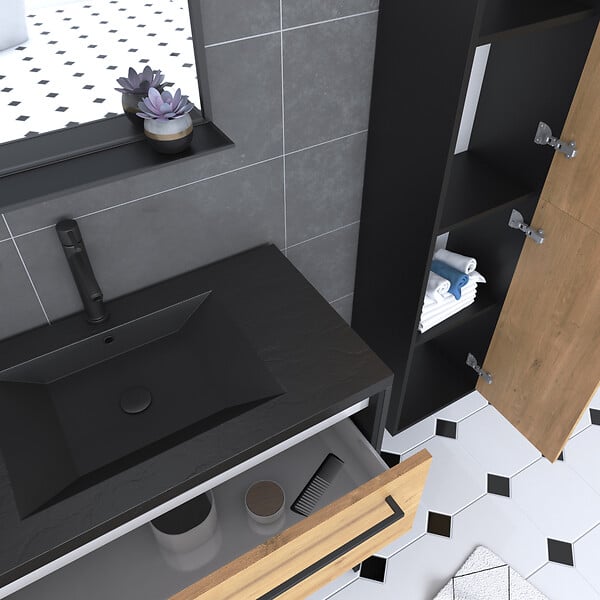 Ensemble Meuble de salle de bain blanc 80cm + vasque noir effet pierre