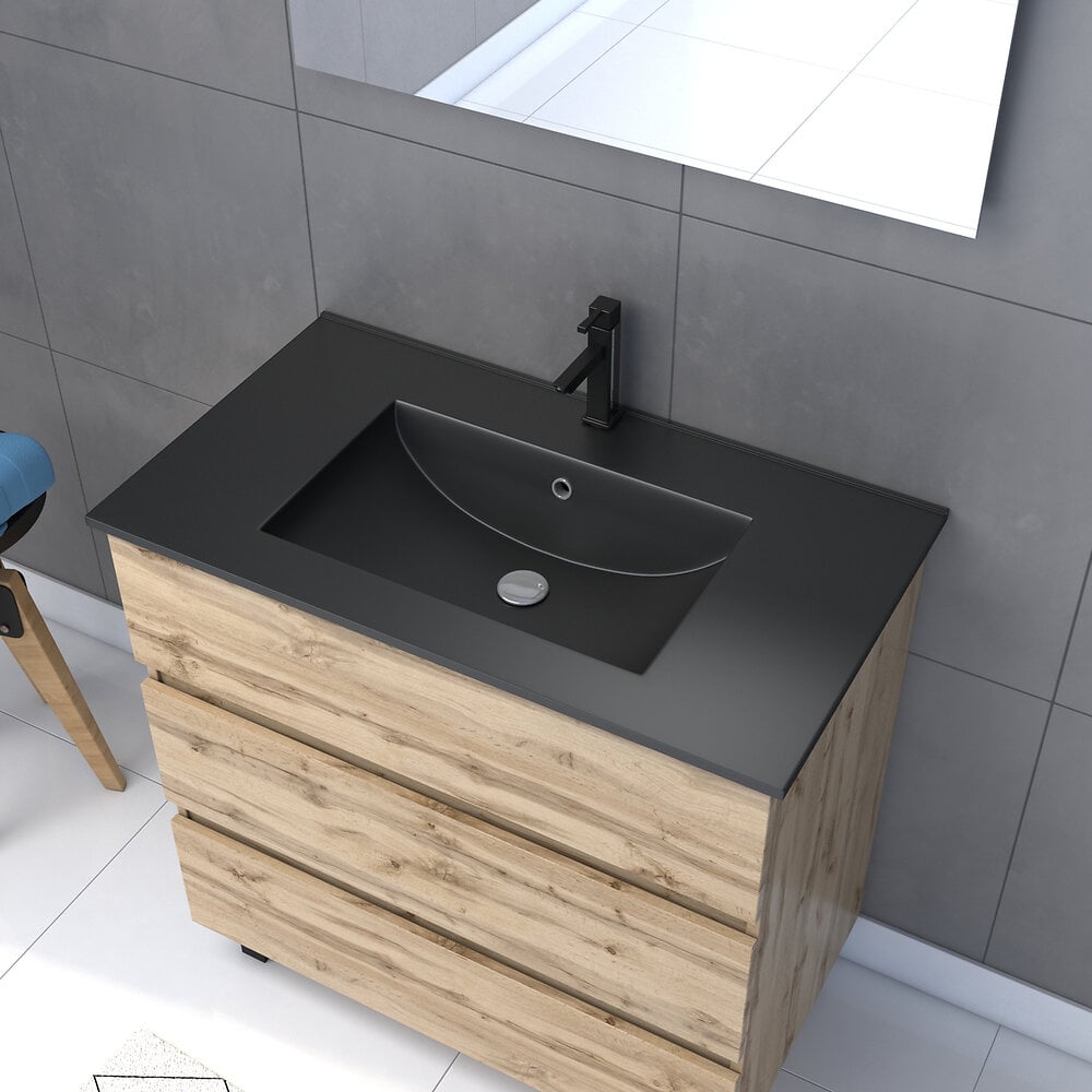 AURLANE - Meuble salle de bain 80x80 - Finition chene naturel + vasque noire + miroir Led - TIMBER 80 - Pack18 - large