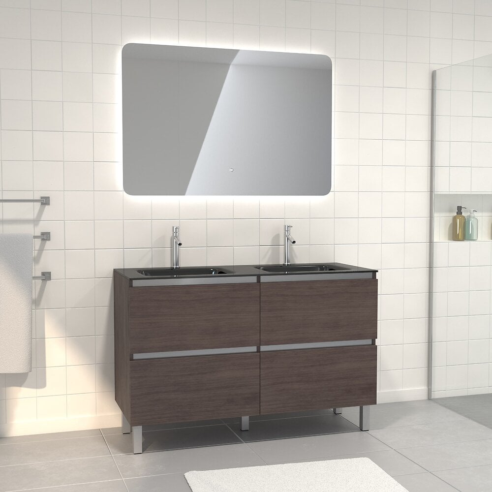 AURLANE - Pack meuble de salle de bain 130x50 cm finition Graphite + vasque Noir + Miroir LED 120x80 - large