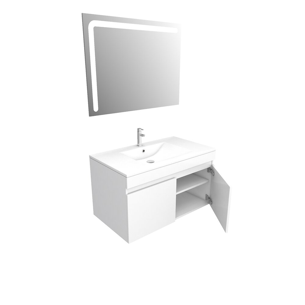 AURLANE - Ensemble Meuble de salle de bain blanc 60cm suspendu a portes + vasque ceramique blanche + miroir - large