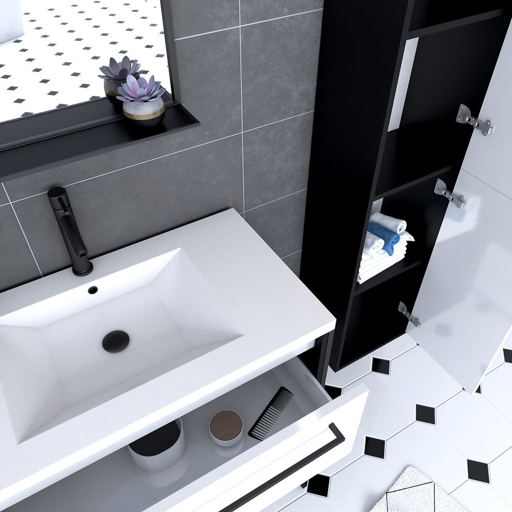 AURLANE - Ensemble de salle de bain 80 cm Blanc finition noir + vasque blanche+ miroir + colonne de rangement - large