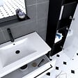 AURLANE - Ensemble de salle de bain 80 cm Blanc finition noir + vasque blanche+ miroir + colonne de rangement - vignette