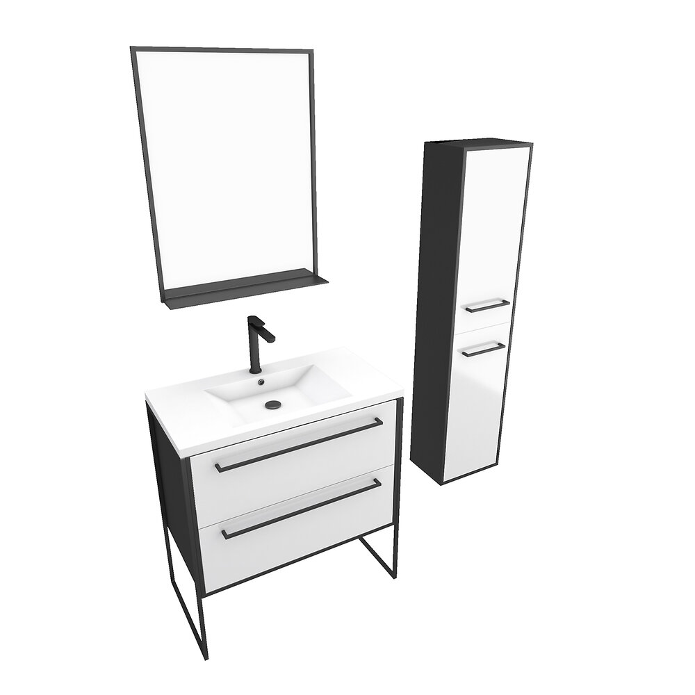 AURLANE - Ensemble de salle de bain 80 cm Blanc finition noir + vasque blanche+ miroir + colonne de rangement - large
